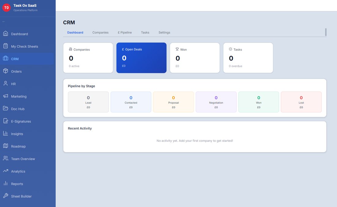 Task Ox platform CRM dashboard with pipeline stages and deal values