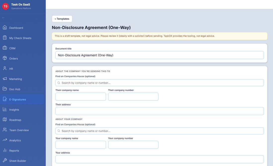 Task Ox platform e-signature NDA template with Companies House lookup