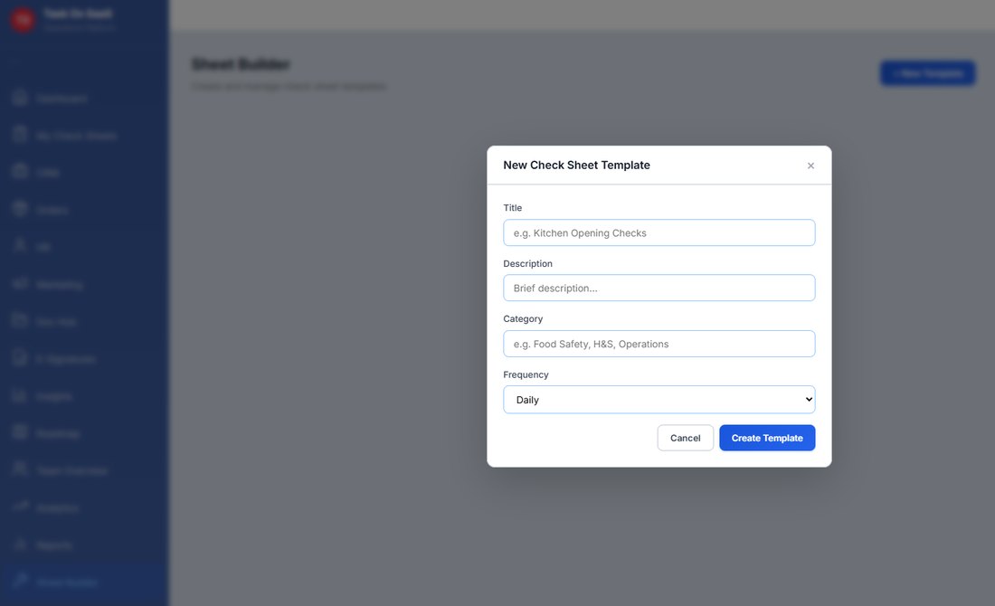 Task Ox platform check sheet template builder